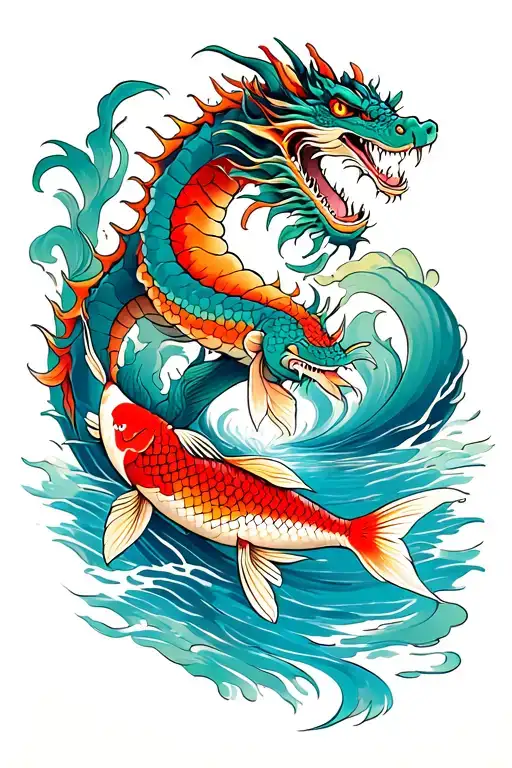 Dragon Going Down Hand And A Koi Fish Swimming Upstream A River Flowing On The