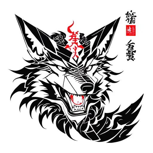 Broken Mask Of Demon Oni With An Origami Style Wolf In