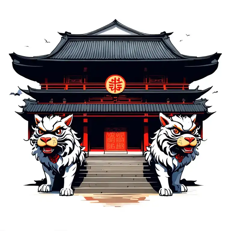 Japanese Temple With Two Foo Dog Guarding