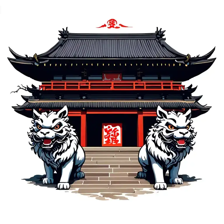 Two Foo Dog Guarding Temple Surrounded