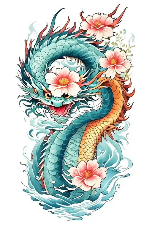 Floral Japanese Tattoo With Dragon And Water