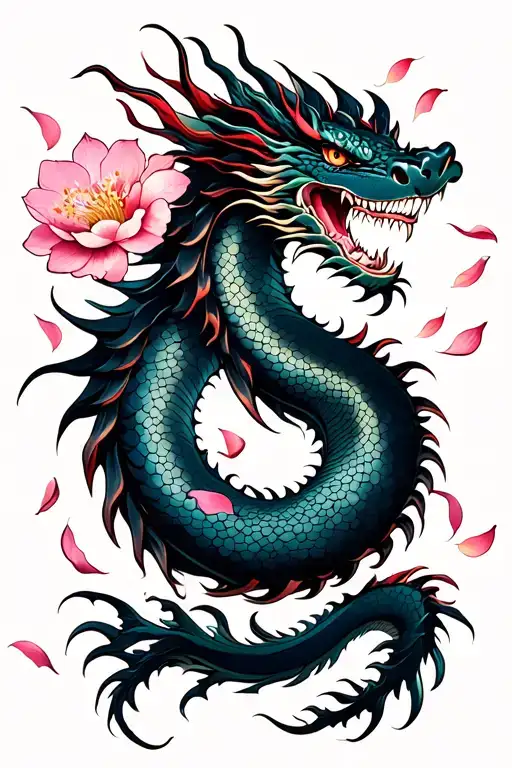 Dragon And Pink Blossom Petals Falling