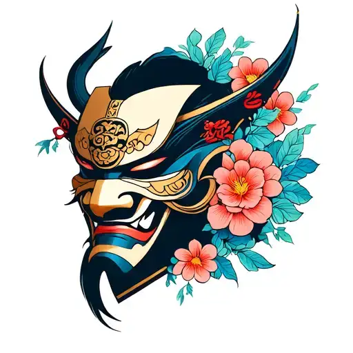 Oni Samurai Mask Surrounded But Flowers And Wind