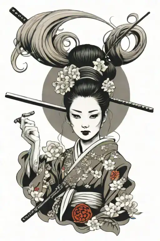 Oriental Geisha Holding A Katana