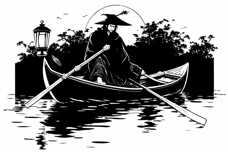 Dark Figure In Cloak Navigating Away In Rowing Boat While Holding Dim Lantern