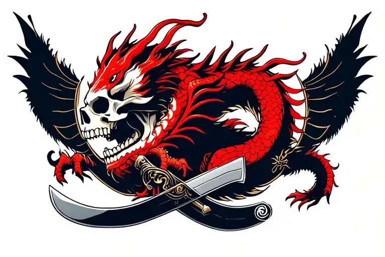 Red Dragon With Skull Mixed With Samurai Sword Surrounded
