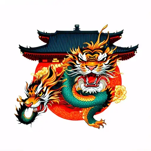 Japanese Dragon And Tiger Over A Temple