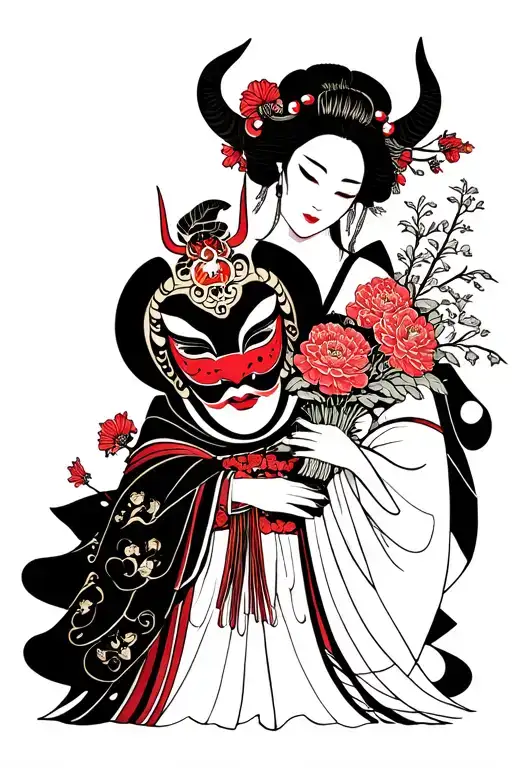 Capricorn Gemini Symbol With Oni Mask And Geisha Holding A Bouquet