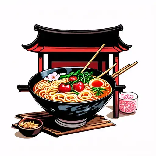 Ramen Bowl Filled With Ingredients Cherry Blossom Outside