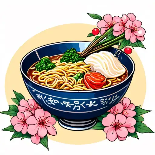 Ramen Bowl Filled With Ingredients With Sakura And My Fuji Outside
