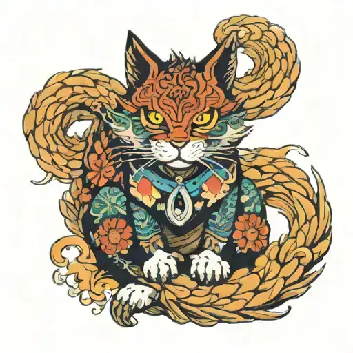 Mythical Cat With Kitsune Mask And Nine Tails Chakra Mode