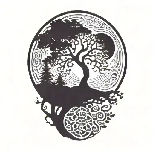 Tree Of Life And Yellow Sun And Red Moon