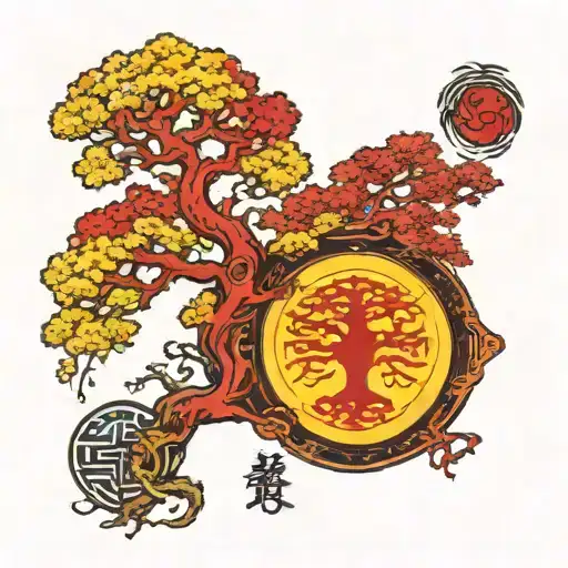 Tree Of Life And Yellow Sun And Red Moon