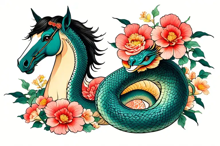 Chinese Snake And Horse Showing Care Together Along With Some Chinese Flowers