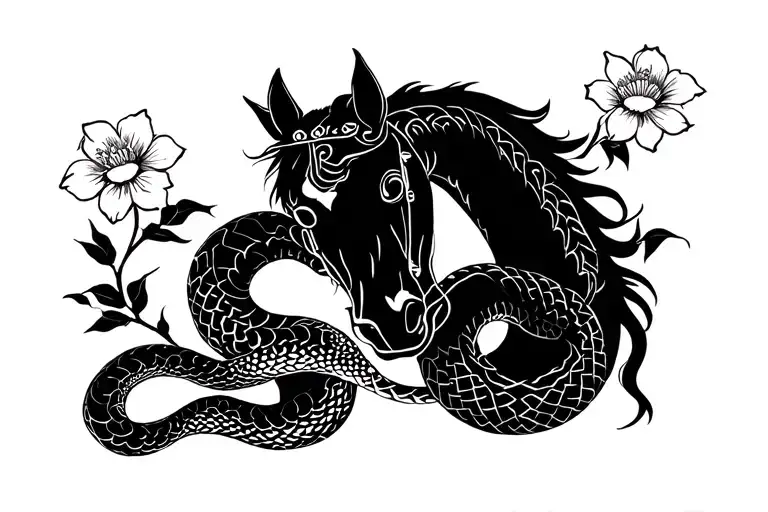 Chinese Snake And Horse Showing Care Together Along With Some Chinese Flowers Black And White