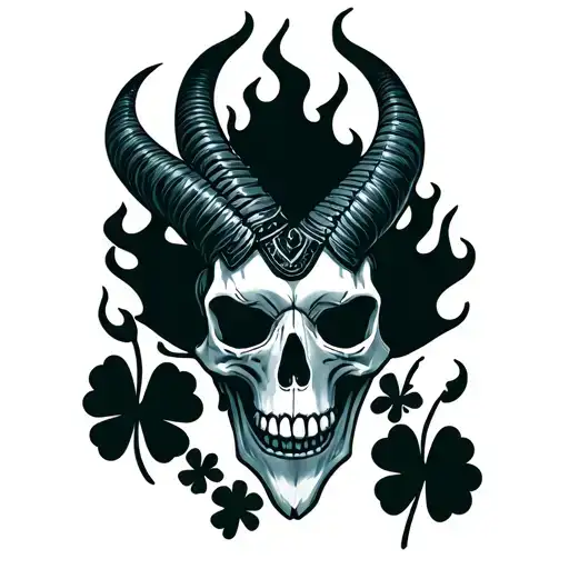 Capricorn Skull With Flames And Clover Leaf