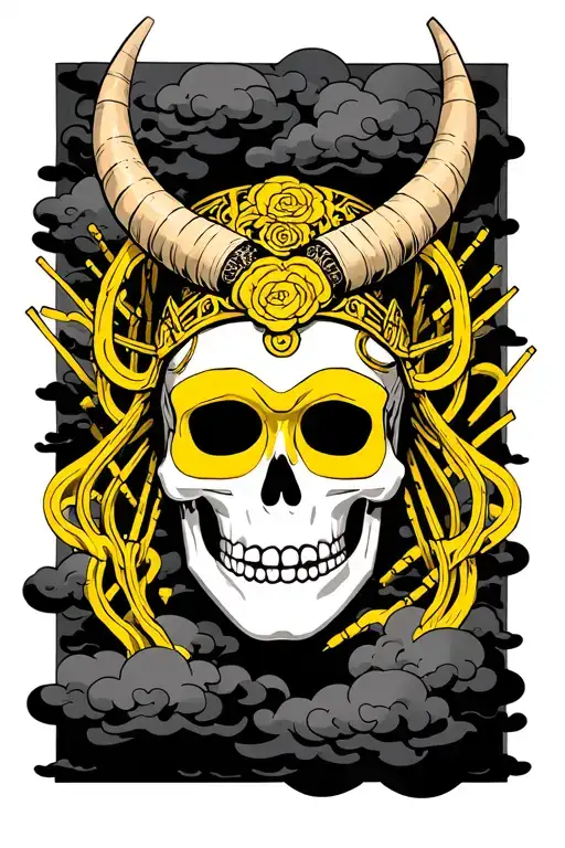 Yellow Skeleton Mask With Skewers And Horns Surrounded By Black Clouds Japo