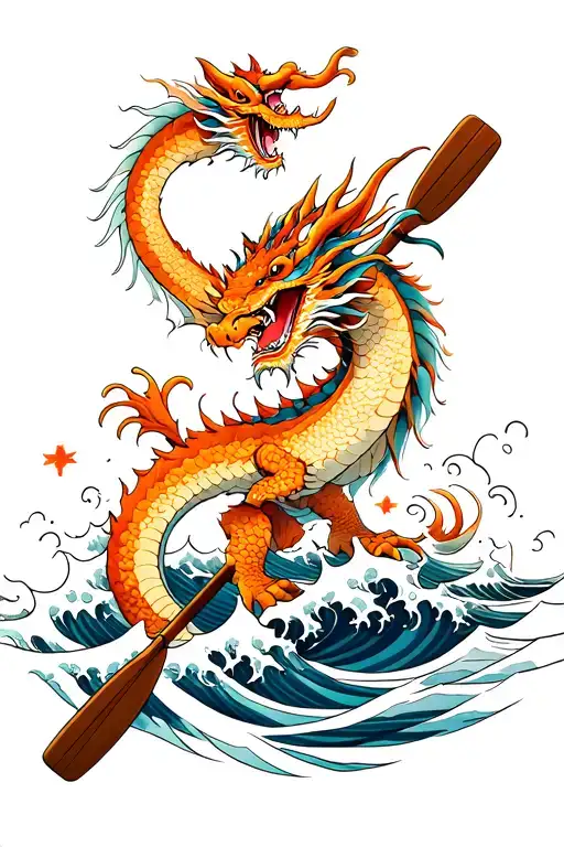Dragon Holding A Paddle Surrounded By Waves Crashing
