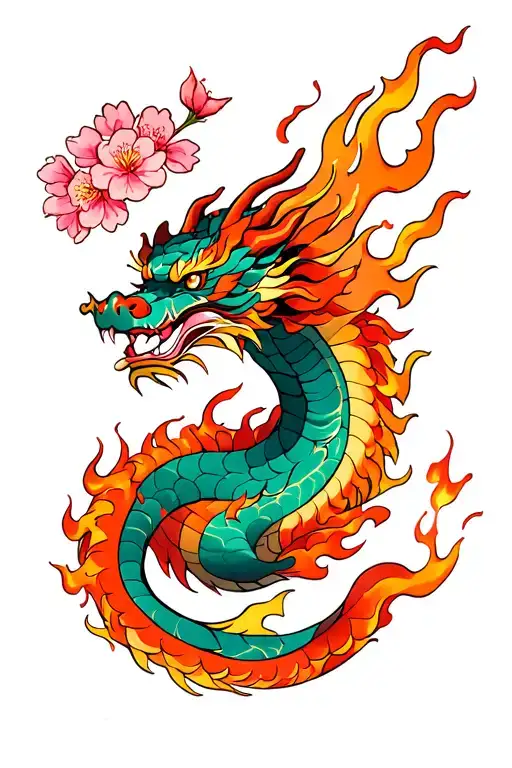 Japanese Dragon With Sakura And Fire Flames