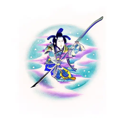 Katana With Moon At The Tip Of The Blade Surrounded By Blue And Purple Aurora