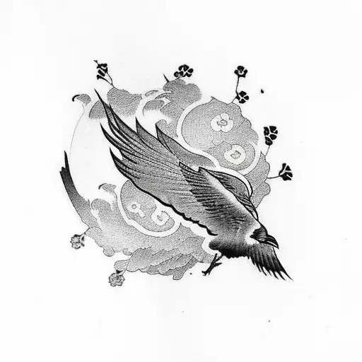 Raven In Asian Style Mid Flight