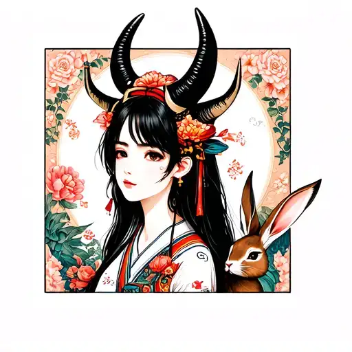 Girl With Bull Horns And Rabbit