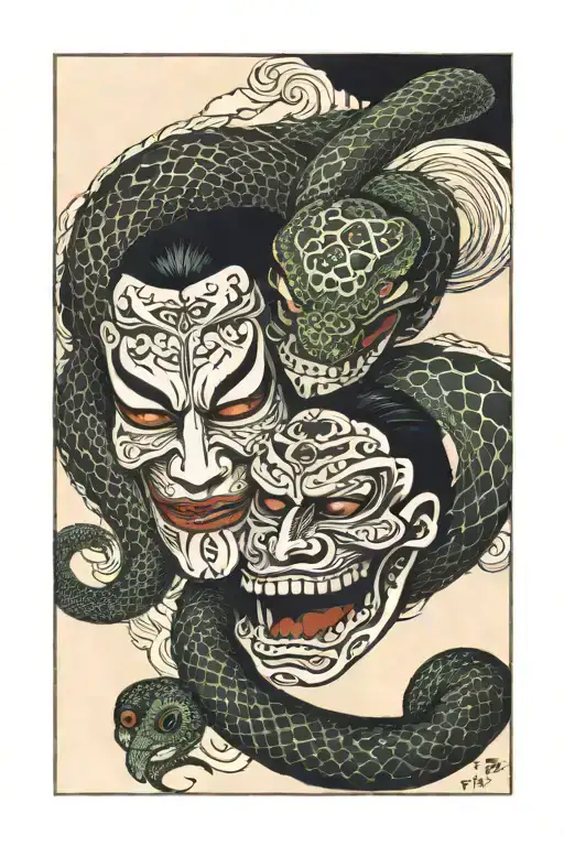 Theater Masks Tragedy And Comedy With A Snake Going Around And In Between The Eyes