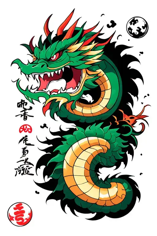 Shenlong From Dragon Ball Z Irezumi Style With Dragon Balls In Background And Black Clouds