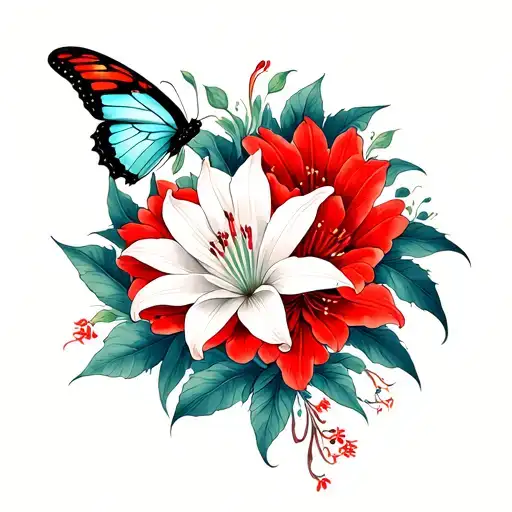 Red Spider Lily Flowers With Butterfly