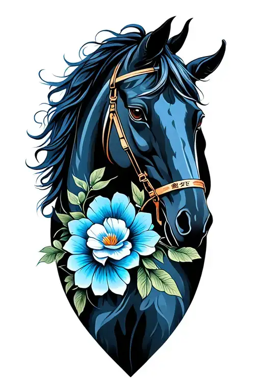 Black And Blue Horse With And Flowers Intertwined
