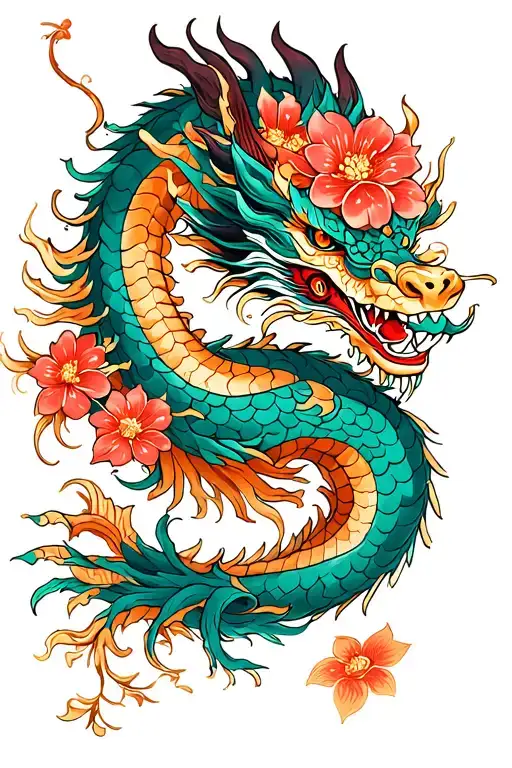 Japanese Dragon With Flowers