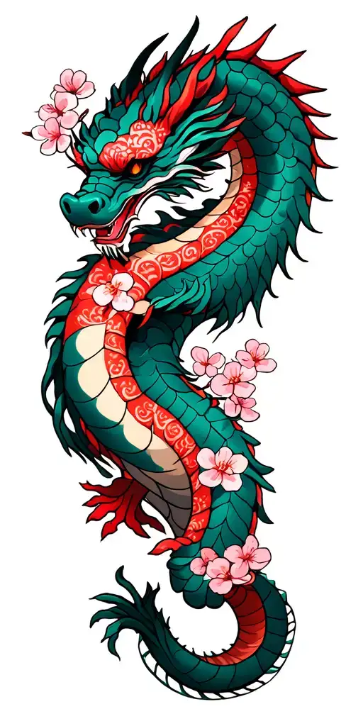 Japanese Dragon With Cherry Blossoms Wrapping Around Arm