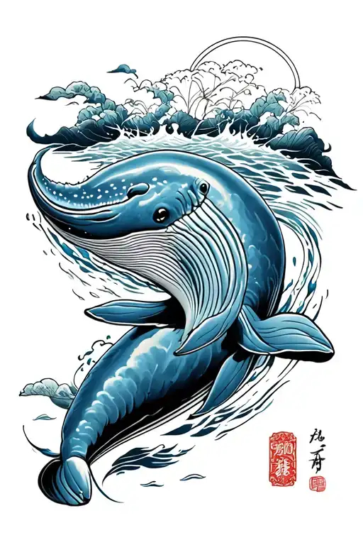Blue Whale Swimming Peacefully In The Sea Black Japanese Style Cover Up Tattoo Pattern