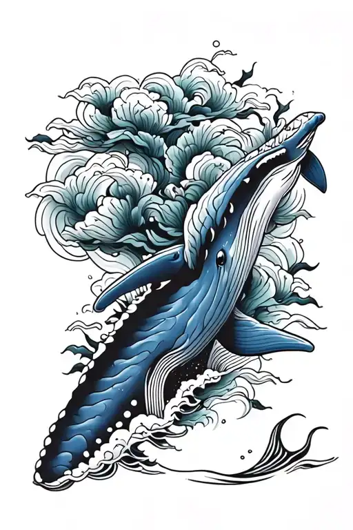Blue Whale Swimming Peacefully In The Sea Black Japanese Style Cover Up Tattoo Pattern