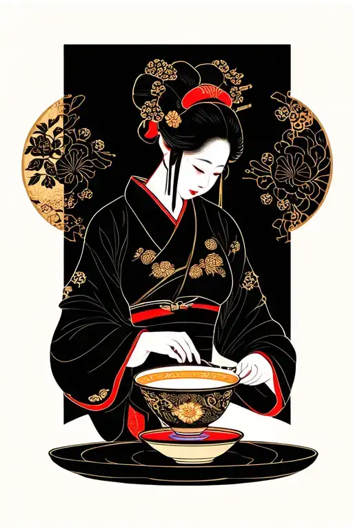 Geisha Conducting Tea Ceremony With Kintsugi Style Cup