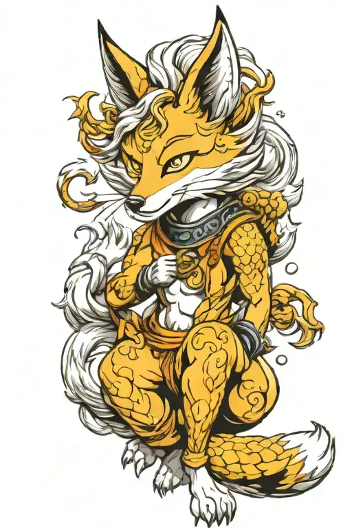 White Kitsune Fox Full Body In The Style Of Super Sayan From Dragon Ball Z