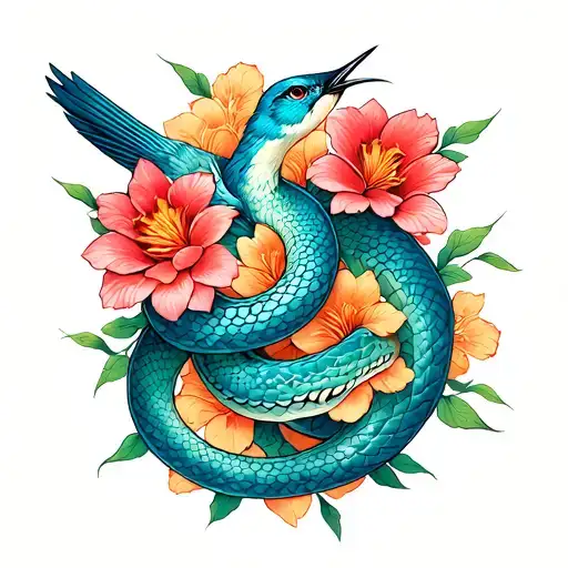 Songbird Snakes Intertwined With Flowers Intertwined