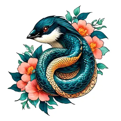 Songbird Snakes Intertwined With Flowers Intertwined