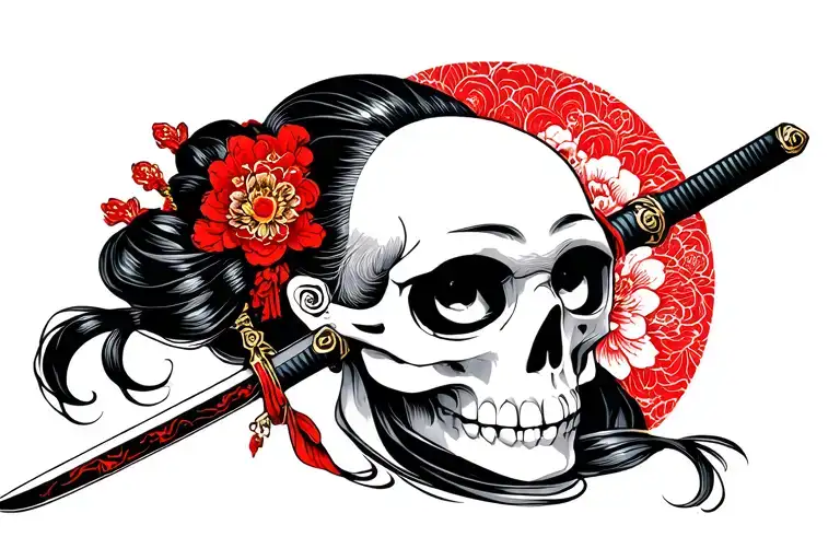 Geisha Holding A Sword And Holding A Skull By Its Hair