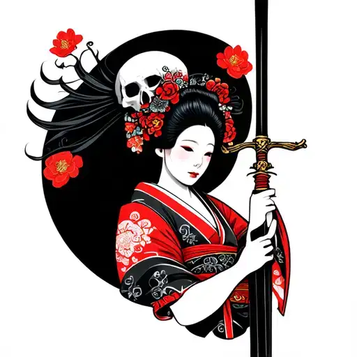 Geisha Holding A Sword And Holding A Skull By Its Hair