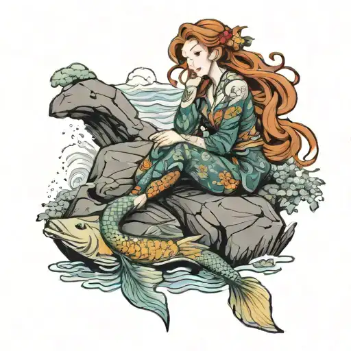 Beautiful Ginger Mermaid Sitting On A Rock