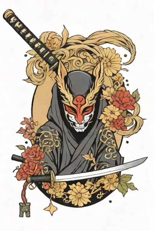 Katana Surrounded By Bed Of Flowers With A Kitsune Mask