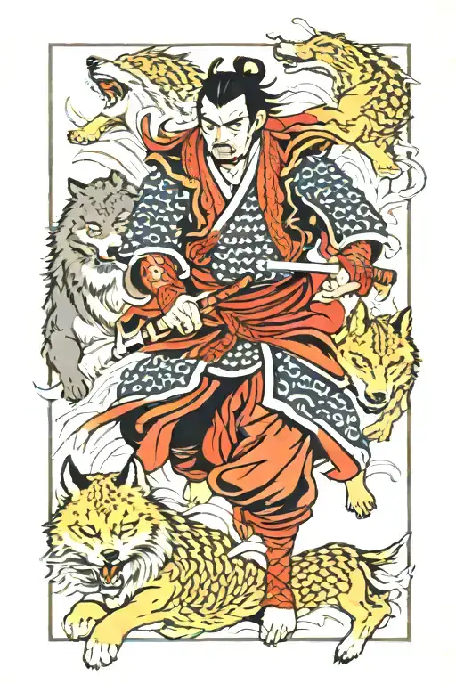 Samurai Warrior Surrounded By Wolf Pack Running