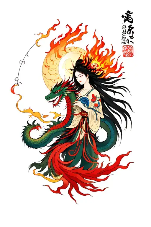 Amaterasu Goddess With Dragon And Fire