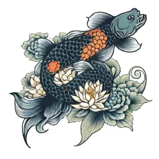 Yin And Yang Koi Fish With Lotus Flower