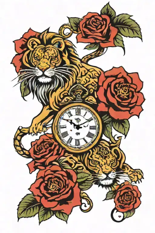 Lion Roses And A Clock