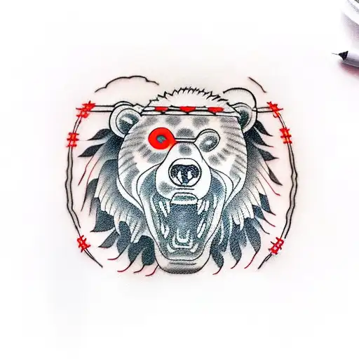 Bear With Red Glowing Eyes In Barbed Wire