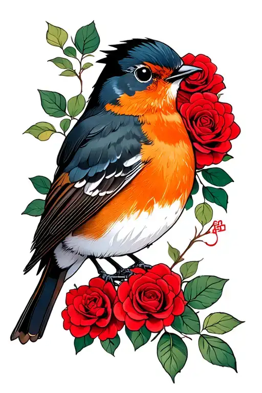 Robin With Red Roses Wrapped