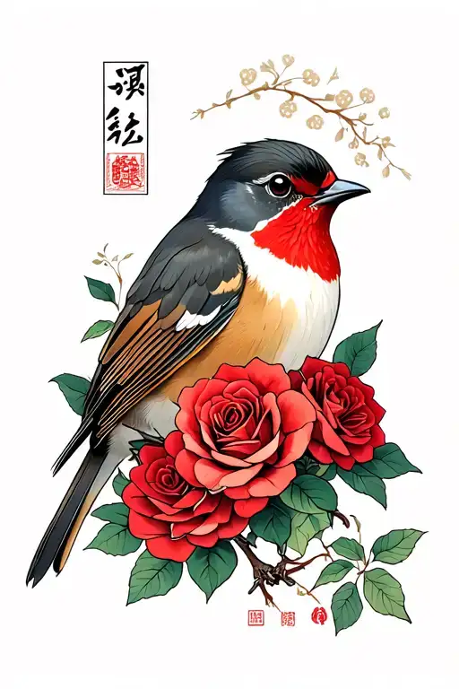 Robin With Red Roses Wrapped Tightly