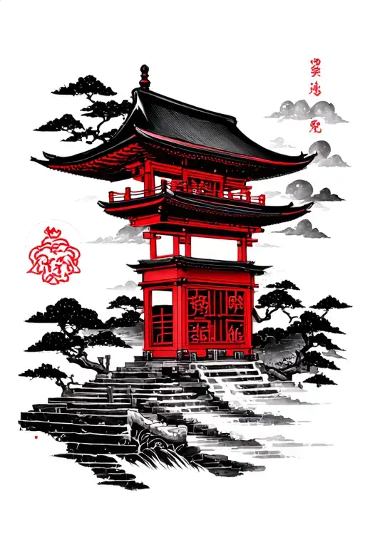 Black And Red Ink With Japanese Temple
